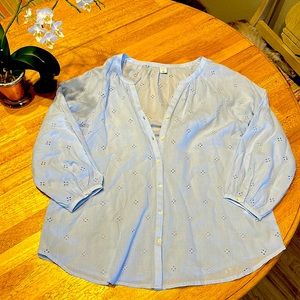 Old Navy eyelet blouse with full button up style and 3/4 length button sleeves